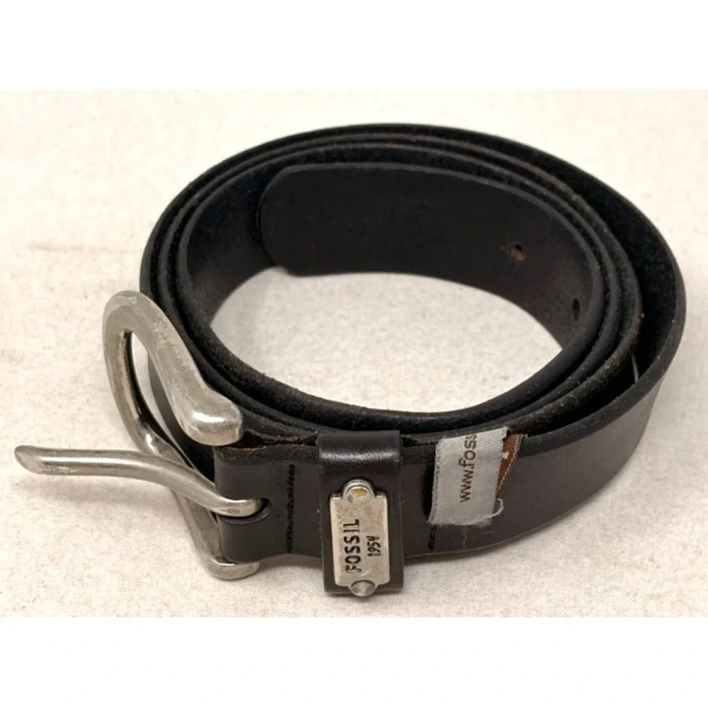 Fossil 1954 Black Genuine Leather Casual Belt Silver Buckle Men's 38 Approx 46